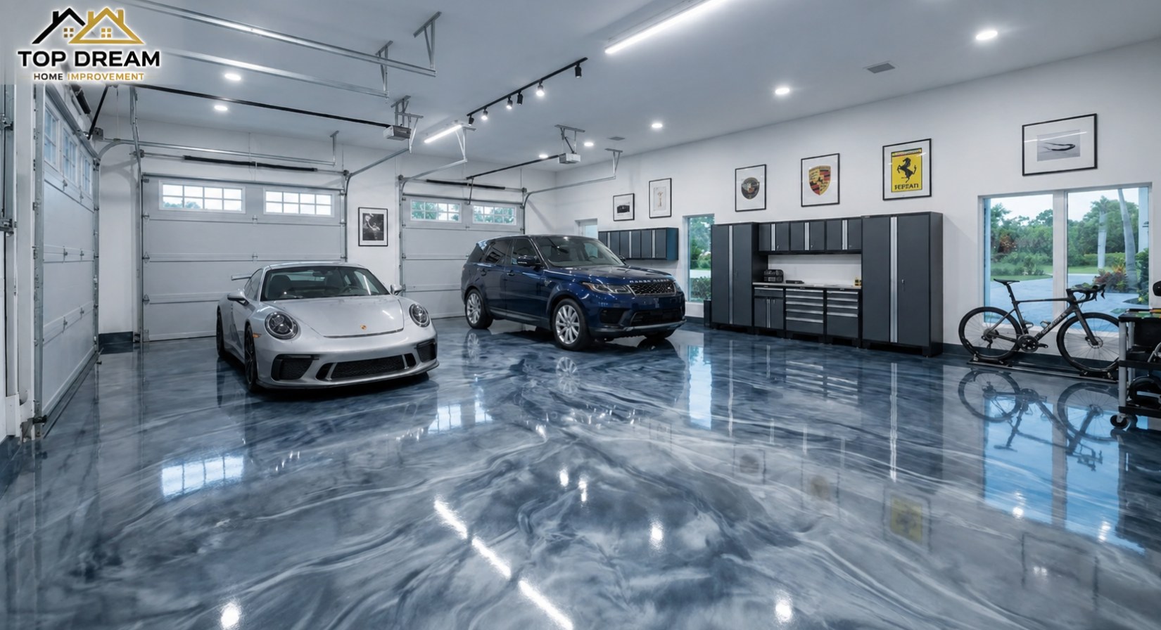 Metallic epoxy garage floor completed by Top Dream Home Improvement