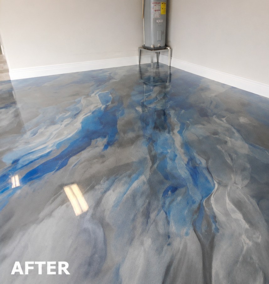 Blue and gray metallic garage floor epoxy finish