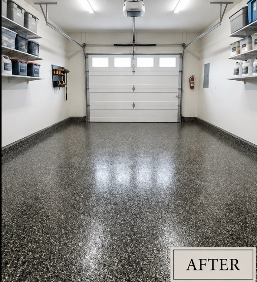 Completed decorative flake garage floor coating in Lincoln, Nebraska