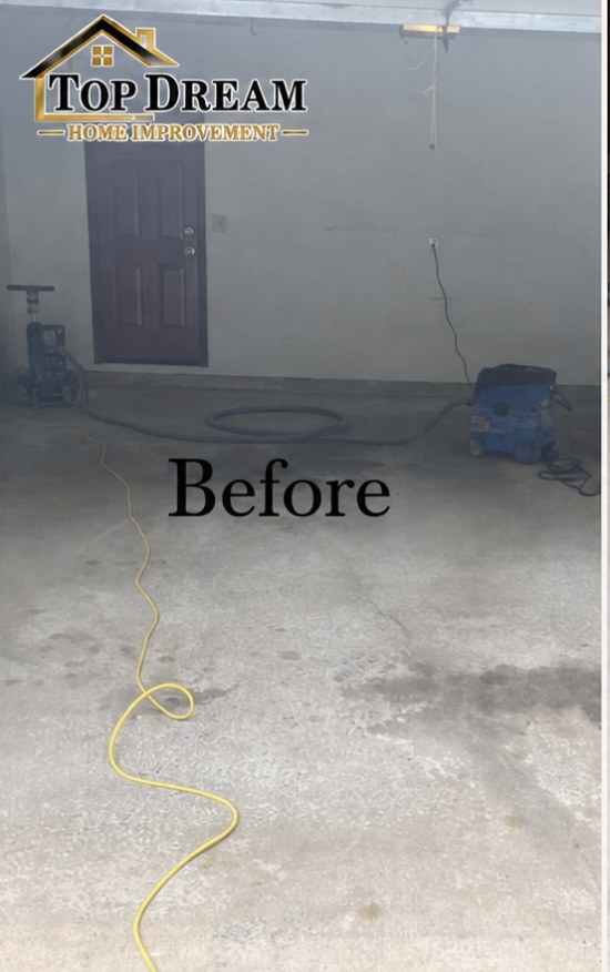 Garage floor before epoxy — stained, unfinished concrete in a Nebraska home